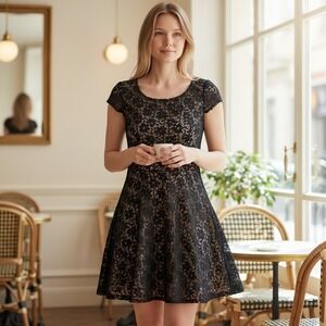 Socialite Black Floral Lace Nude Lining Skater Dress Small Whimsigoth